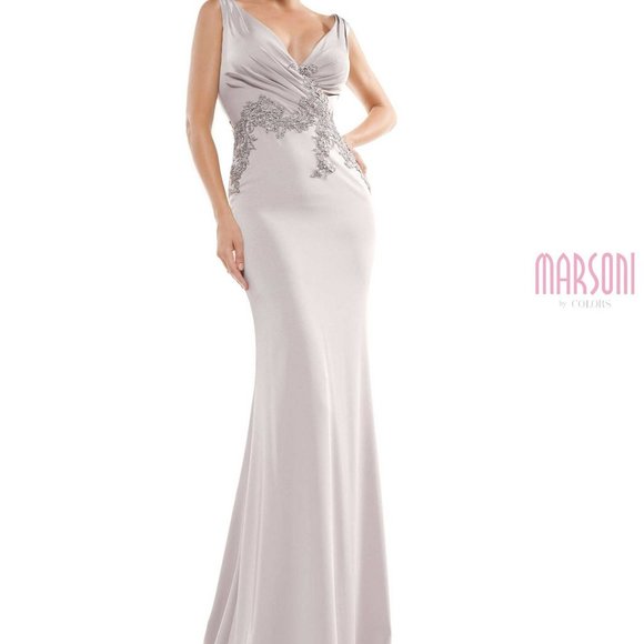 GENUINE MARSONI MOTHER OF THE BRIDE- STYLE MV1054 SILVER DRESS - Picture 1 of 9
